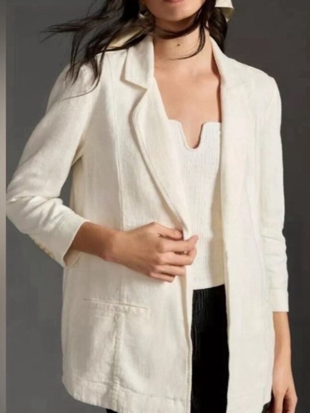 Anthropologie Cream Open-Front Linen Blazer